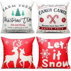 Christmas Throw Pillow Covers Set of 4, 18 X 18 Inch DIY Xmas Pillow Case Decorations Single Sided Snowflakes Reindeer Printing with Zipper for Outdoo