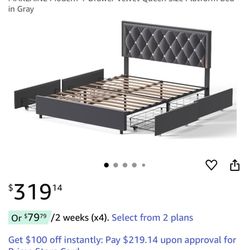 Queen Bed Frame with Headboard and Storage,Bed Frame Queen Size with 4 Storage Drawers and LED Lights,Velvet Upholstered Queen Size Bed with Charging 