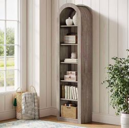 YT0081 new assembled 74.8" Tall Arched Bookshelf, 6-Tier Narrow Open Bookcase, Floor Standing Corner Display Shelves Storage Organizer for Small Space