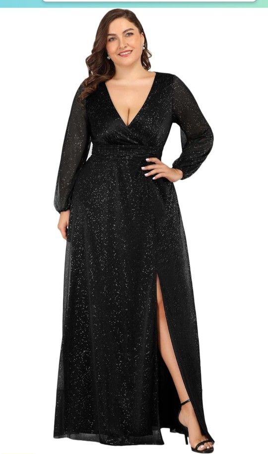 Ever-Pretty Women's Glitter A Line High Slit V-Neck Plus Size Formal Gowns and Evening Dresses