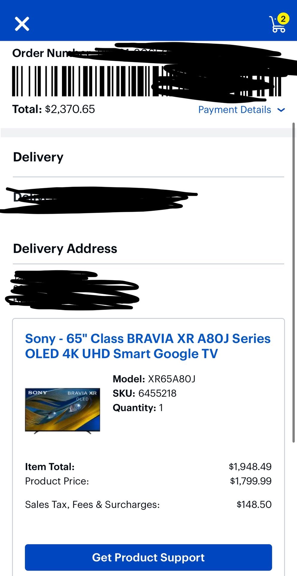 Sony 65” OLED 4k Tv Bravia XR65A80J Dolby Vision IMAX