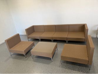 Brand New 5-6 Piece Patio Conversation Set Beige Woven Rattan Sectional + Chairs + Table