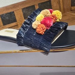 Louise et Cie Navy Blue Arthya Raffia Pom Pom Flat Slides Sandals