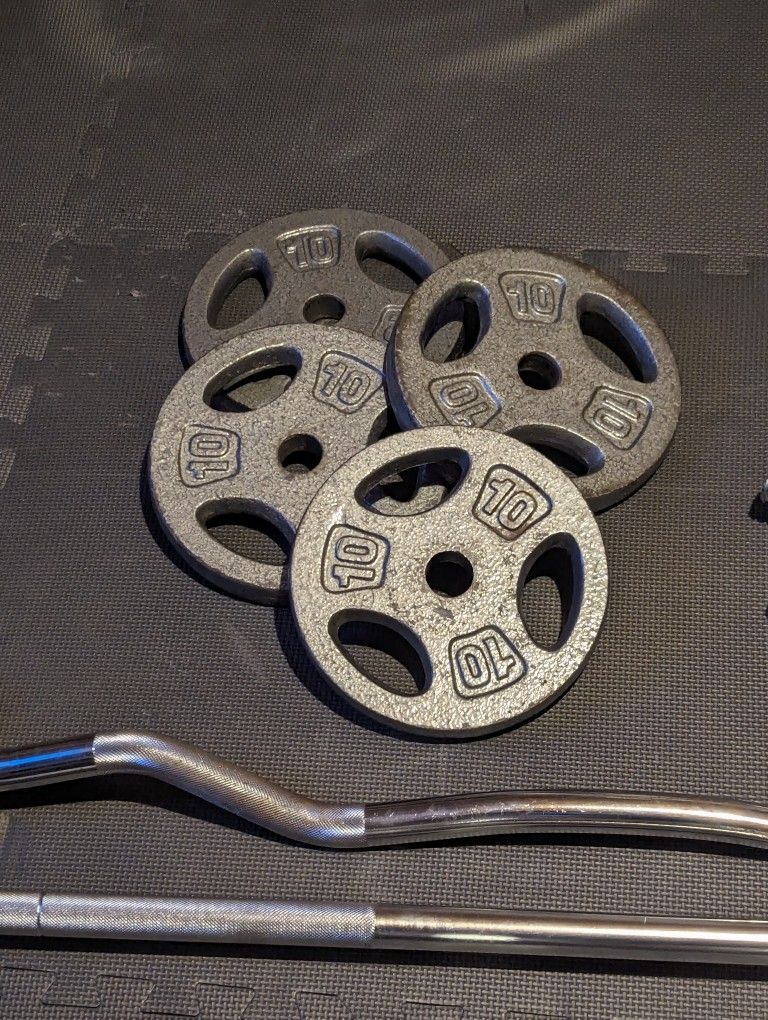 Straight Bar, Curl Bar, Dumbbells, And Weights.