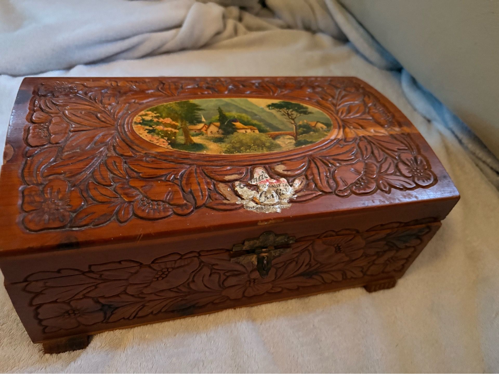 Antique hand carved wooden box with mirror