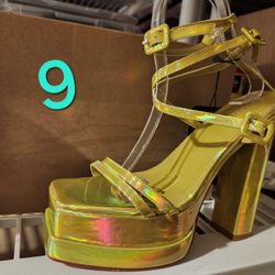 Super Cute Yellow-lime Green Platform Heels/ Size 9/ $25 Cash Only/ Blue Diamond & Rainbow
