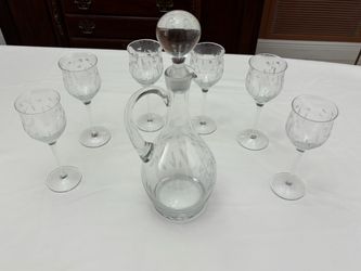 Etched Glass Decanter Set with 6 Wine Glasses