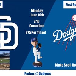 6/16 - Los Angeles Dodgers Vs San Diego Padres Tickets @ Dodger Stadium (Blake Snell Bobblehead)