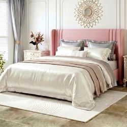 Queen Size Bed Frame, Velvet Platform Bed with Upholstered Wingback Headboard, No Box Spring Needed, Pink