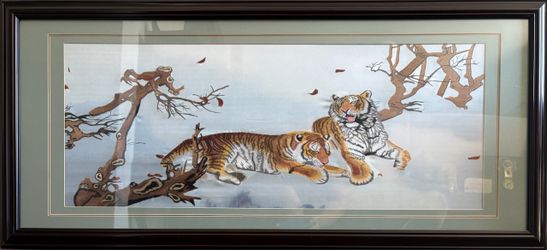 Large Framed Chinese Silk Embroidery Art – Two Tigers Panoramic