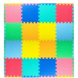 ProSource Foam Puzzle Floor Play Mat for Kids and Babies with Solid Colors, 16 Interlocking Tiles with Borders, Assorted