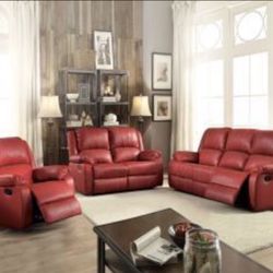 NEW RED LEATHER 3 PC. RECLINING SOFA SET
