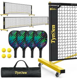 Pickleball Net Set 11FT 22FT Portable Wheels 4 Paddles 4 Balls Carry Bag