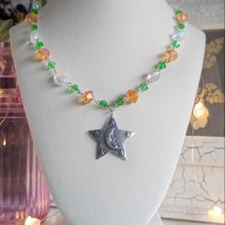Anthropomorphic Crescent Moon & Star Beaded Necklace, Vintage Inspired 90s Celestial 