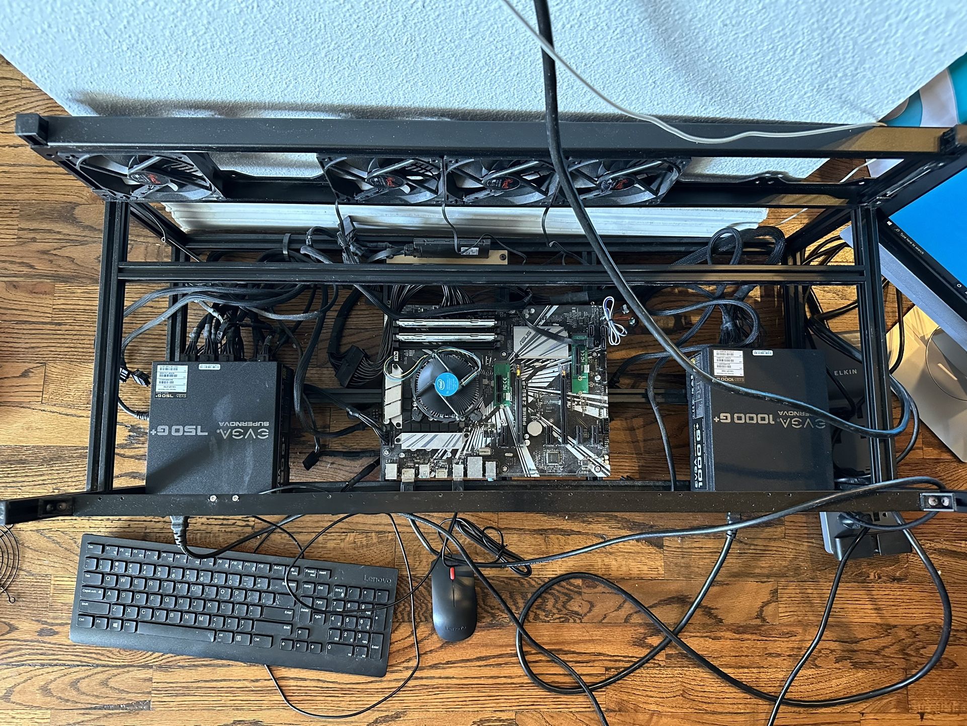 Open rig frame setup - EVGA SuperNOVA 750 G+ Power Supply, Asus Prime Z390-P Motherboard, Intel Celeron G4930 CPU