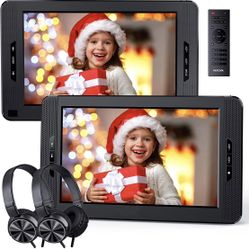 Portable DVD Players for Car, 10.1'' Dual Screen DVD Player with 2 Headrest Mounts, 2 Headphones, Dual Stereo Speakers, 5-Hour Rechargeable Battery