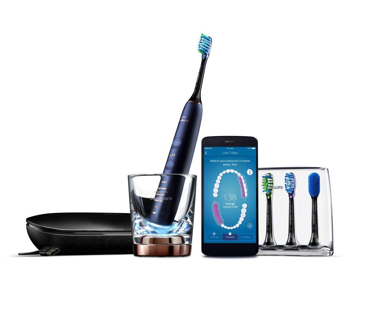 Philips Sonicare DiamondClean Smart Electric, Rechargeable toothbrush for Complete Oral Care, w/Charging Travel Case, 5 modes, 4 Brush Heads & Brush