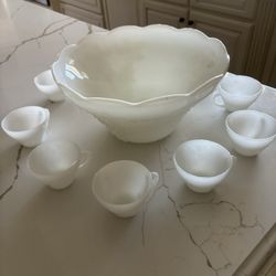 White Antique  Punch Bowl With  10 Cups