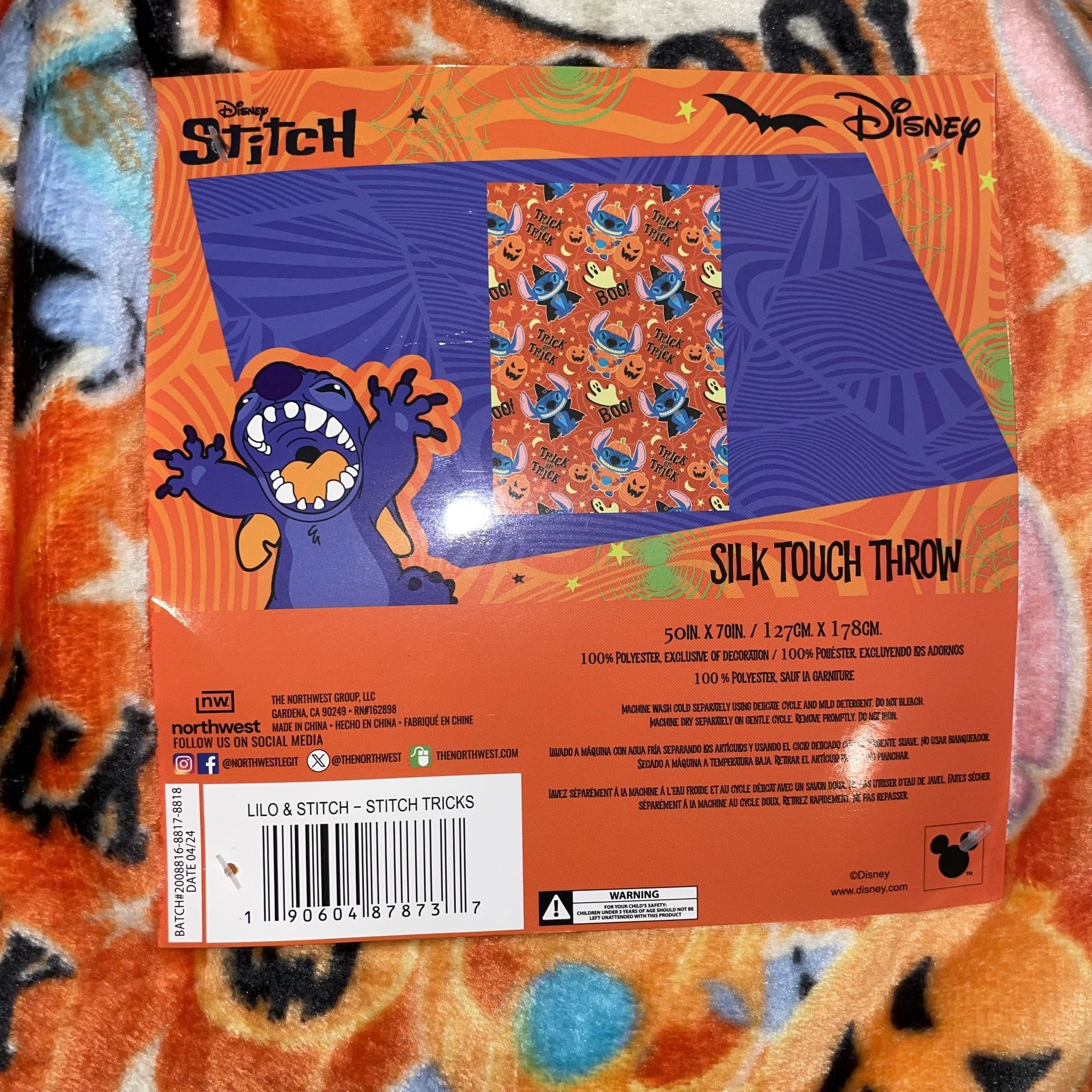 Disney Lilo & Stitch Halloween Plush Throw Blanket 50”x70” Trick Or Treat Orange
