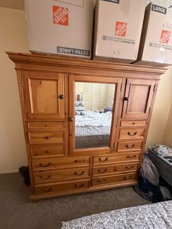 Vintage Solid Wood Pine Armoire Dresser with Mirror + Jewelry Drawers