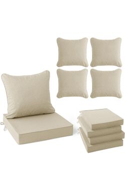 Summsun Patio Chair Cushions Set of 4, Faux Linen Outdoor Furniture Cushions, Water Resistant Backrest and Deep Seat Cushion Set with Ties, Removable