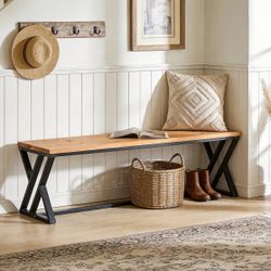 55" Long Entryway Bench, Solid Wood End of Bed Bench with Metal Legs