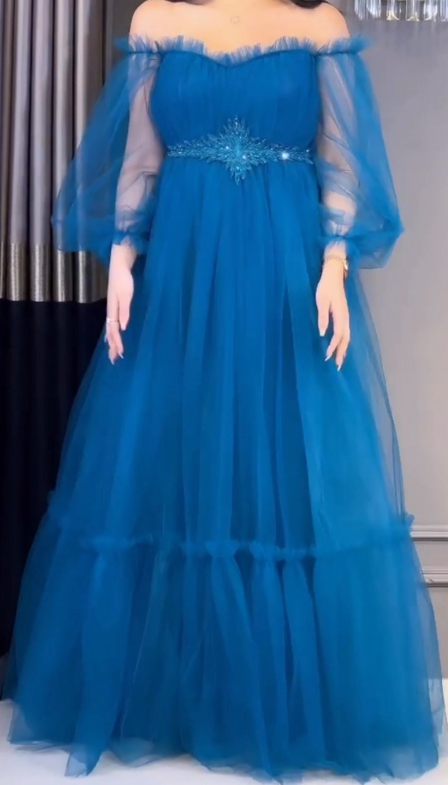 💙 Elegant Off-Shoulder Blue Tulle Gown
