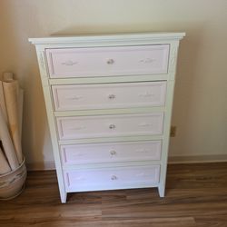 5 drawer pink and white wood dresser