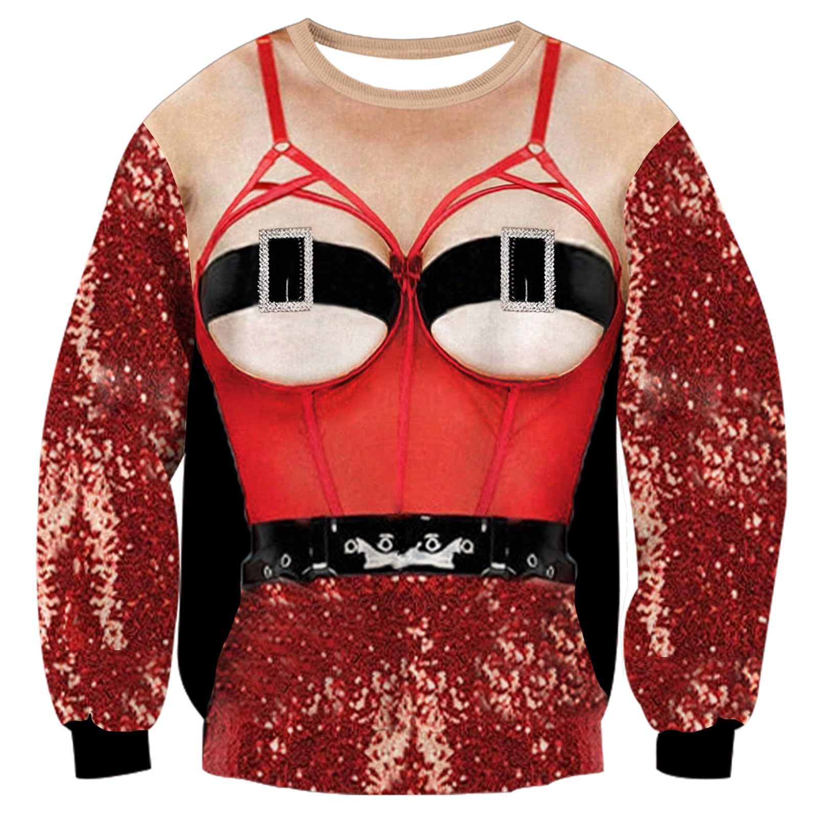 Uideazone Unisex Ugly Christmas Sweater 3D Printed Funny Crewneck Pullover Sweatshirts For Xmas Party Celebration Medium Christmas Red Size XL