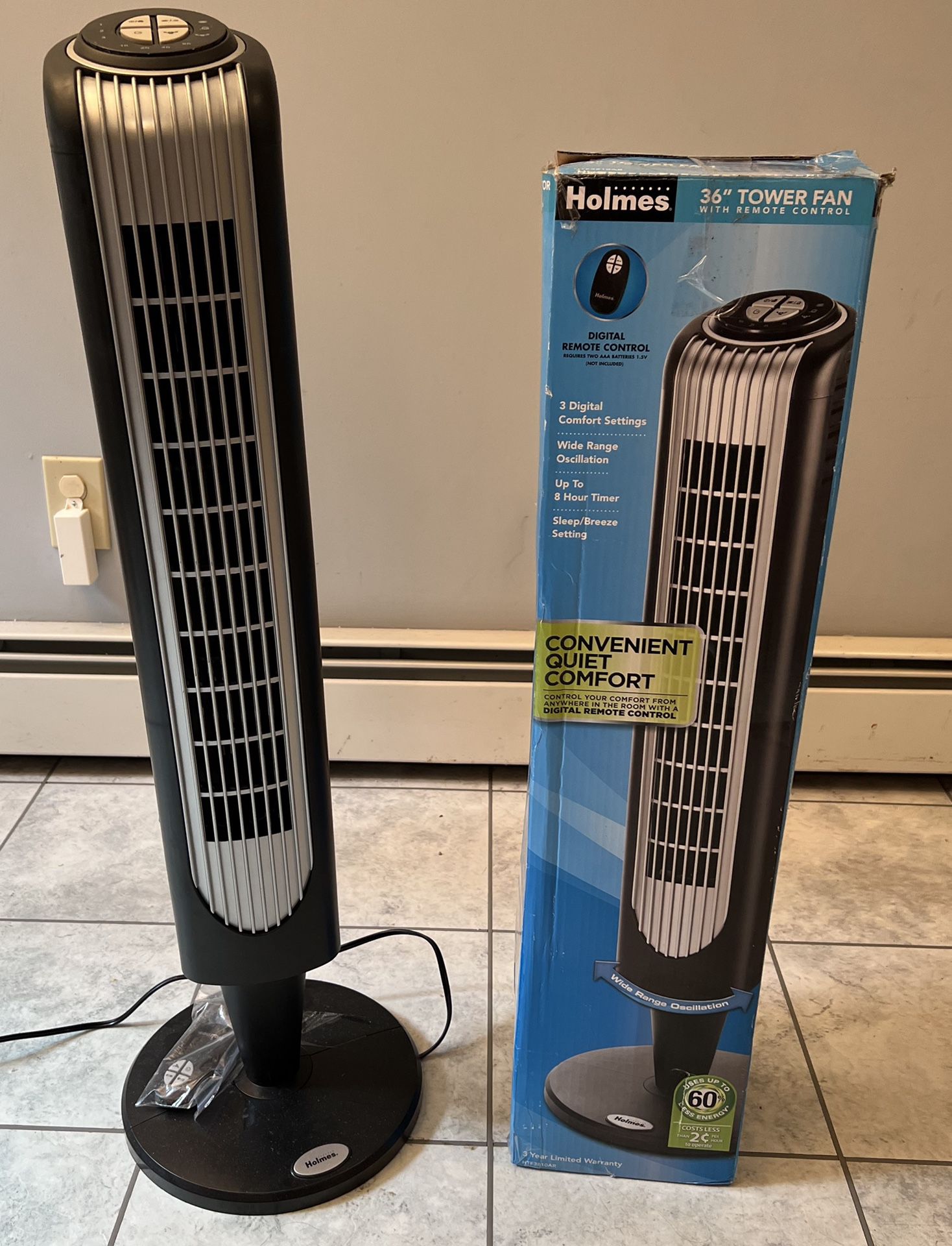 Holmes 36” Tower Fan, 3 Digital Comfort Settings & Up To 8 Hours Timer