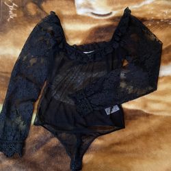 Express x karla Sheer Lace Bodysuit, Long Sleeve, Black, Size M