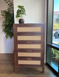 Boho Rattan Cane 5-Drawer Dresser / Chest – Walnut Finish