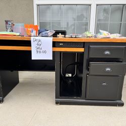 Wooden Desk With Two Drawers And File Cabinet