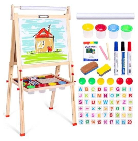 Kids Easel Child Easel with Paper roll Double Sized Blackboard Chalkboard