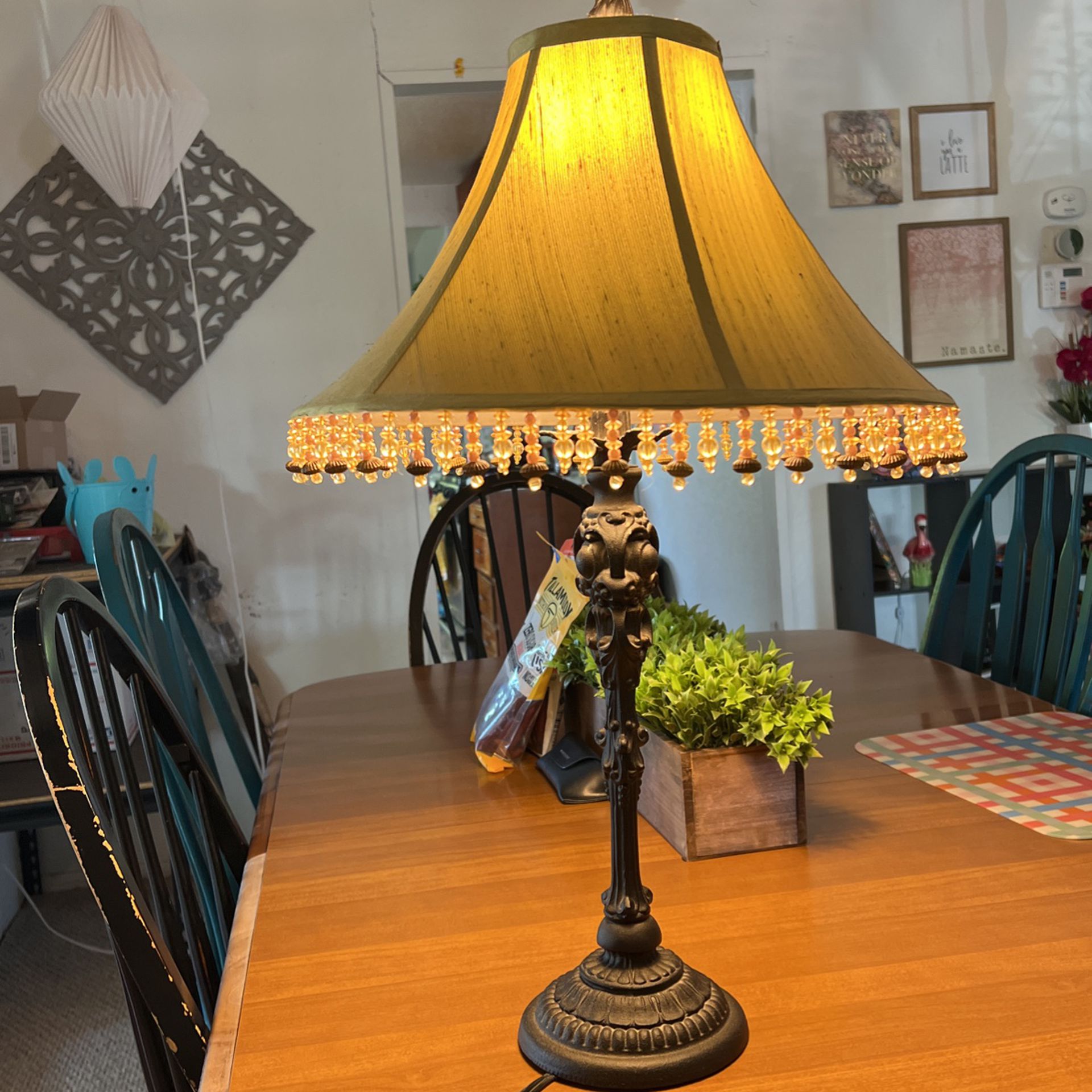 Vintage Metal Lamp With Beaded Lamp Shade 