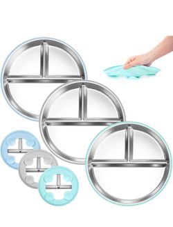 Brand new 9” Stainless Steel Toddler Plates Silicone Suction,Non-Slip Baby Plates,Divided Portion,Food-Grade Silicone Plate for Kids,LEAD-FREE Dishwas