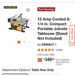 DeWalt Compact Portable Table Saw 