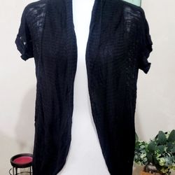 Woman's High Collar Black Open-Front Semi Sheer Sweater