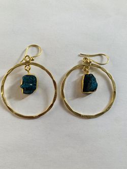 Raw Emerald Brass Hoop Earrings 