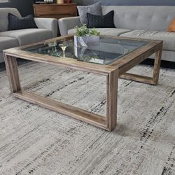 Large Square Glass Hard Wood Coffe Table