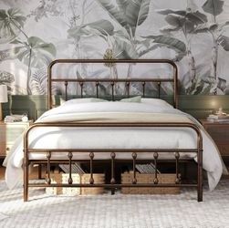Classic Metal Platform Bed Frame Mattress Foundation with Victorian Style Iron-Art Headboard/Footboard/Under Bed Storage/No Box Spring Needed/Queen Si