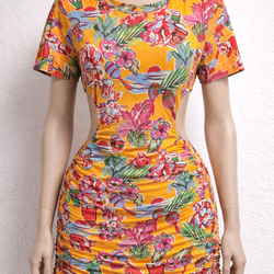ZARA Tropical Dress Yellow Print Cotton Ruched Waist Size M