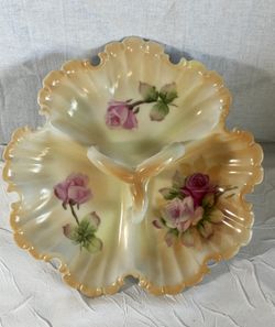 Vintage 1940s Lefton China Golden Divided Candy Dish Bowl W/ Handle Pink Roses