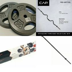 50lbs of standard weight plates and your choice of 2-piece super curl bar OR 5ft 2-piece Barbell