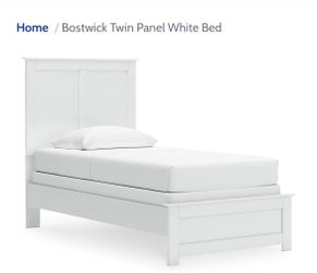 White wood twin head board and rails with twin mattress and boxspring