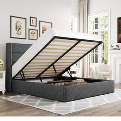 Allewie Full Size Lift Up Storage Bed, Modern Wingback Headboard, Hydraulic Support, No Box Spring Needed, Dark Grey