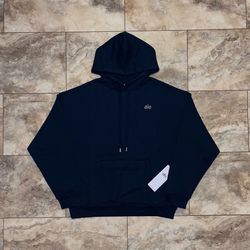 Alo Yoga Accolade Hoodie Pullover Logo Sweatshirt Navy Blue Size Large