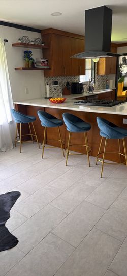 Blue Velvet Bar Stools with Gold Legs – Set of 4