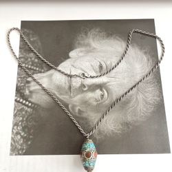 SU 925 Italy Sterling Silver With Coral & Turquoise Mosaic Petal Rice Necklace