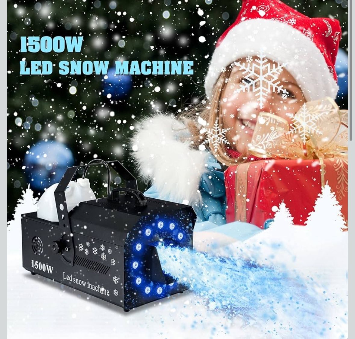 Snow Machine with Lights. DMX RGB 12 LED Snow Making Machine Snowflake Maker 1500W for Christmas 